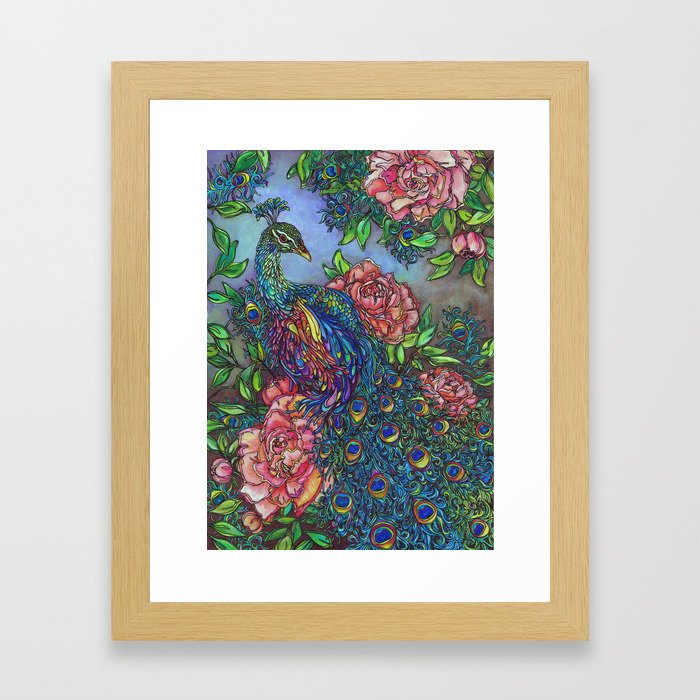 Peacock and Peonies Framed Art Print
