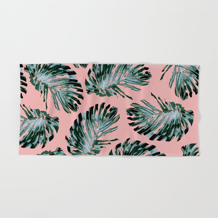 Pink and Green Tropical Leaf Print Hand Bath Towel by haileyam