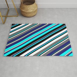 [ Thumbnail: Aqua, Black, White, Dim Gray & Midnight Blue Colored Stripes/Lines Pattern Rug ]