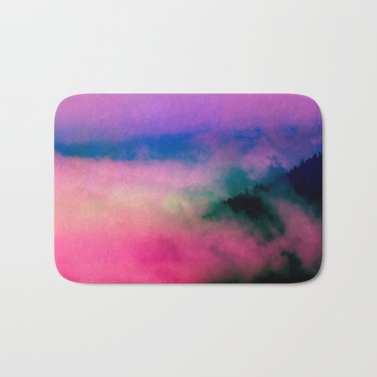 Fog Forest Mountain - Pink Rainbow Northern Lights Bath Mat