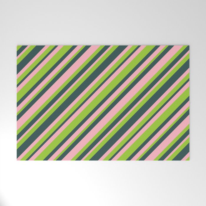 Light Pink, Green & Dark Slate Gray Colored Striped/Lined Pattern Welcome Mat