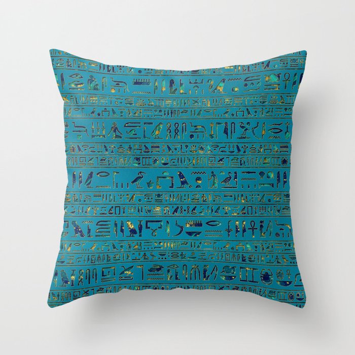 Egyptian hieroglyphs on teal leather texture Throw Pillow