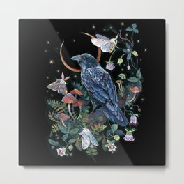 Moon Raven  Metal Print | Mushrooms, Woods, Forest, Night, Nature, Raven, Crow, Moon, Magical, Floral 