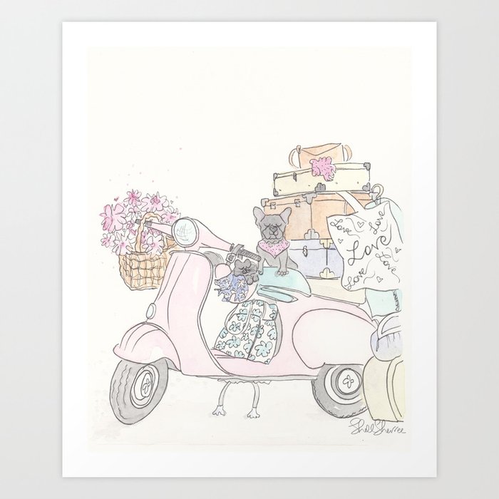 Pink Scooter French Bulldog Cat Road Trip Art Print