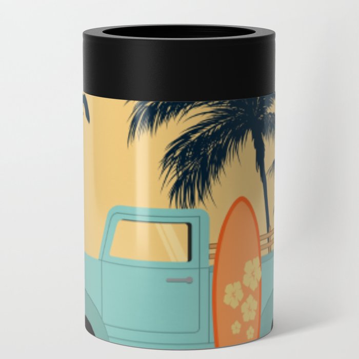 Retro Surfer Pick-up Truck Summer Palm Tree Can Cooler