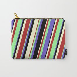 [ Thumbnail: Green, Slate Blue, Black, Light Yellow, and Red Colored Stripes Pattern Carry-All Pouch ]
