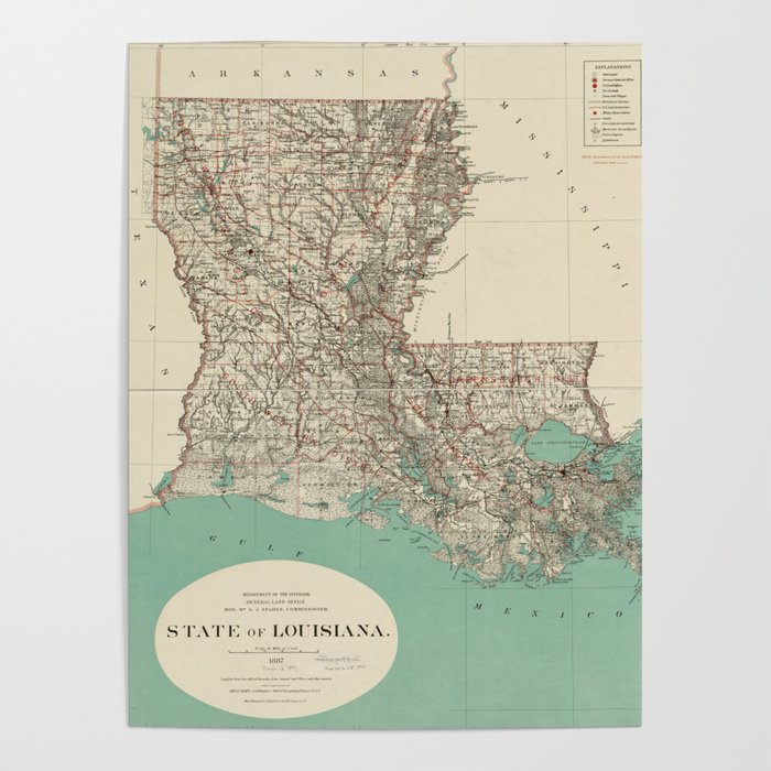 Vintage Map of Louisiana (1887) Poster