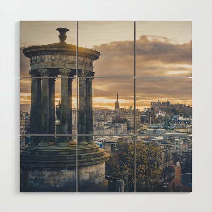 Edinburgh city and castle from Calton hill and Stewart monument Wood Wall Art