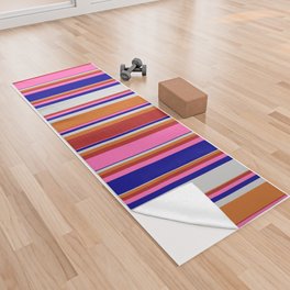 [ Thumbnail: Eyecatching Chocolate, Red, Hot Pink, Dark Blue & Light Gray Colored Lines/Stripes Pattern Yoga Towel ]