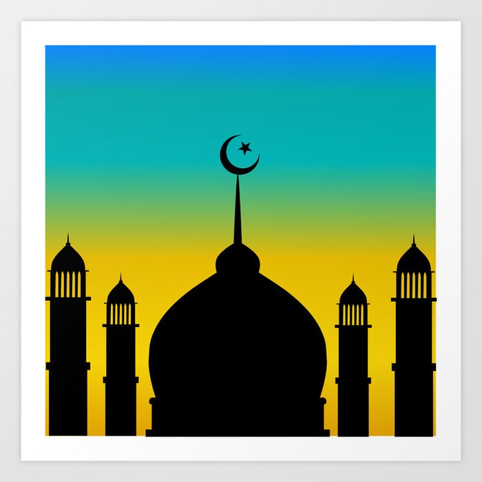 Mosque Dome And Minaret Silhouette With Moon During Sunset Eid