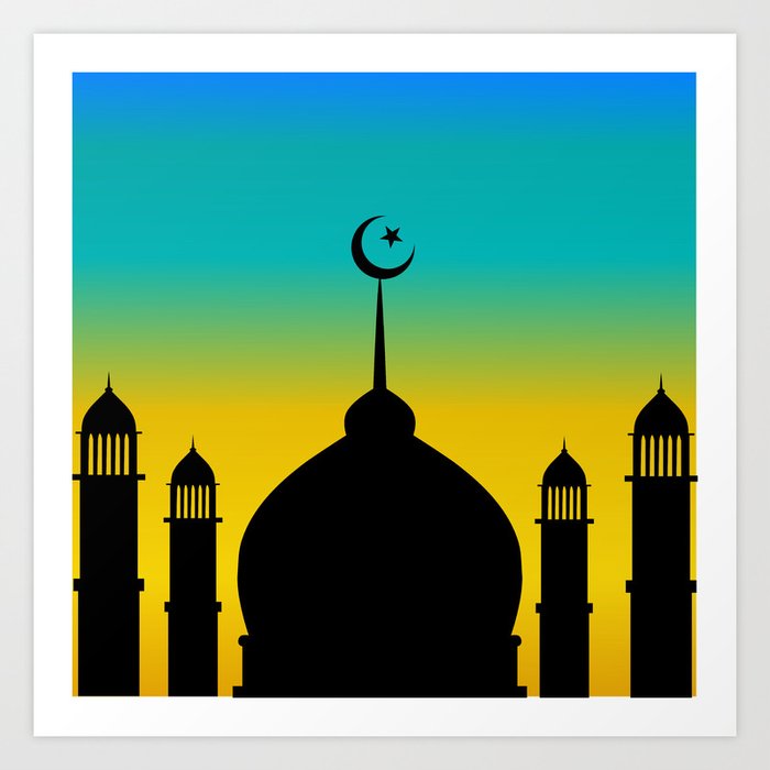 Mosque dome and minaret silhouette with moon during sunset - eid gifts Art Print