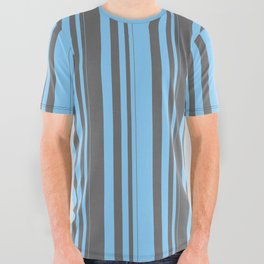 [ Thumbnail: Light Sky Blue and Dim Grey Colored Pattern of Stripes All Over Graphic Tee ]