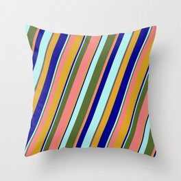 [ Thumbnail: Colorful Dark Olive Green, Light Coral, Goldenrod, Dark Blue, and Turquoise Colored Lined Pattern Throw Pillow ]