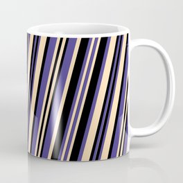 [ Thumbnail: Dark Slate Blue, Tan & Black Colored Pattern of Stripes Coffee Mug ]