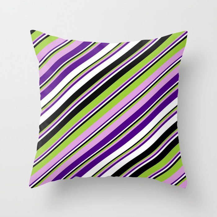 Green, Plum, Indigo, White & Black Colored Lines/Stripes Pattern Throw Pillow