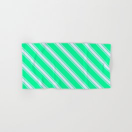 [ Thumbnail: Green & Lavender Colored Lined Pattern Hand & Bath Towel ]