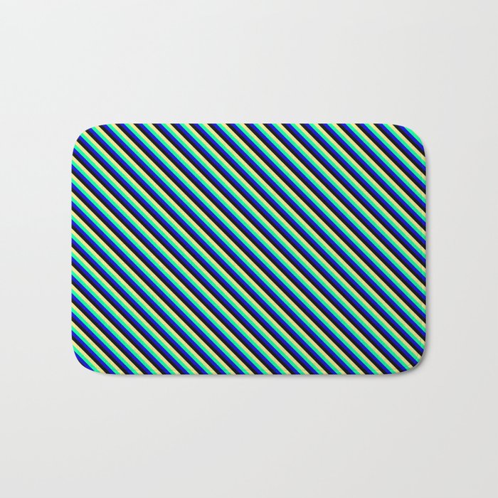 Tan, Green, Blue & Black Colored Lines Pattern Bath Mat
