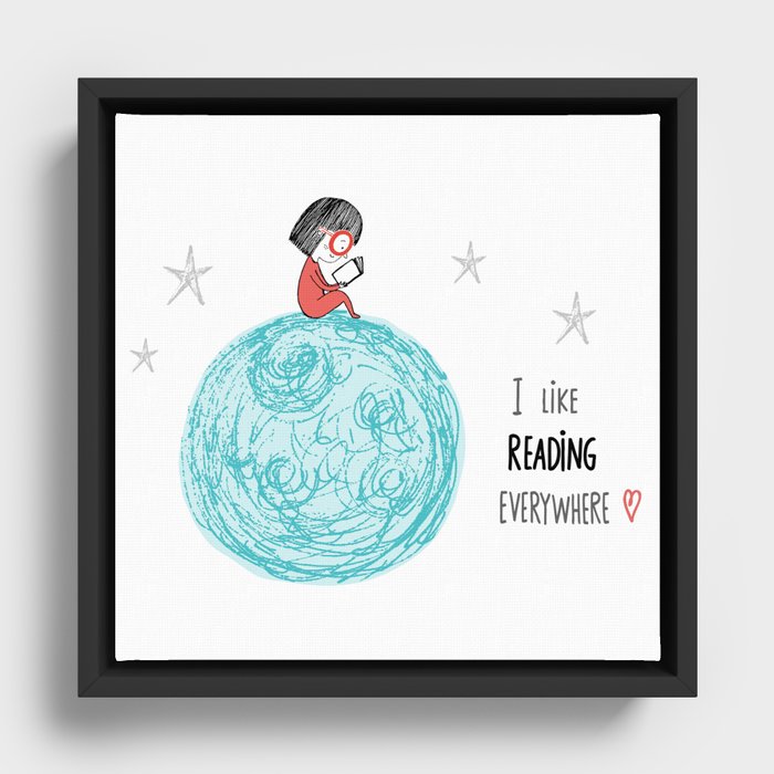 Girl reading in the Moon Framed Canvas
