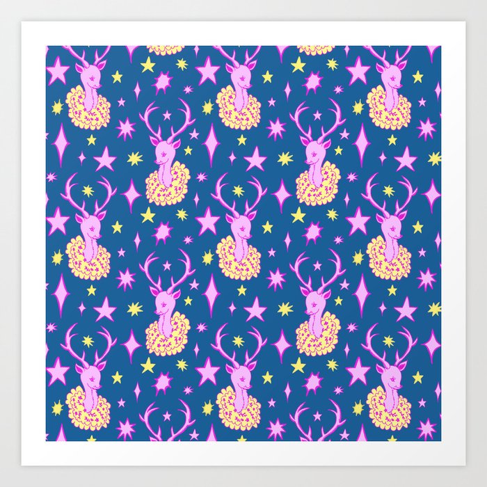 Deer Stars Pattern, Navy and Pink Art Print