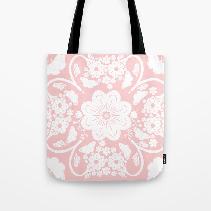 Pastel Pink Butterflies And Flowers Silhouette Bandana Retro Modern Swiss Scandi Mandala Design Tote Bag