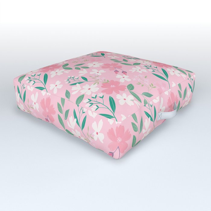 Gouache Flower Pattern Green Leaves On Pink Background Outdoor Floor Cushion