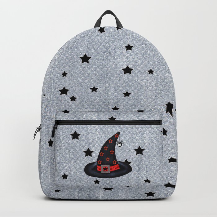 Black Witch Hat Silver Buckle Black Stars Cute Dangling Spider Backpack