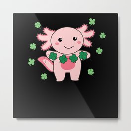Axolotl With Shamrocks Cute Animals For Luck Metal Print