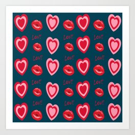 Hearts kiss love pattern blue Art Print