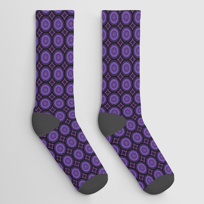 Modern, abstract circular galaxy pattern in purple, lavender, lilac, smoky grey and sprinkles of white lilac Socks