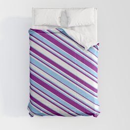 [ Thumbnail: Purple, Mint Cream, and Light Sky Blue Colored Lined/Striped Pattern Comforter ]