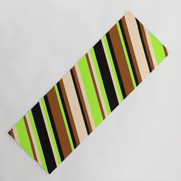 [ Thumbnail: Brown, Bisque, Light Green, and Black Colored Striped Pattern Yoga Mat ]