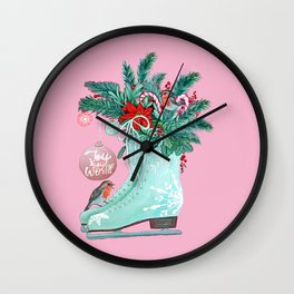 Christmas Ice Skates with Holly, Robins, Poinsettia, Candy Canes and baubles Wall Clock