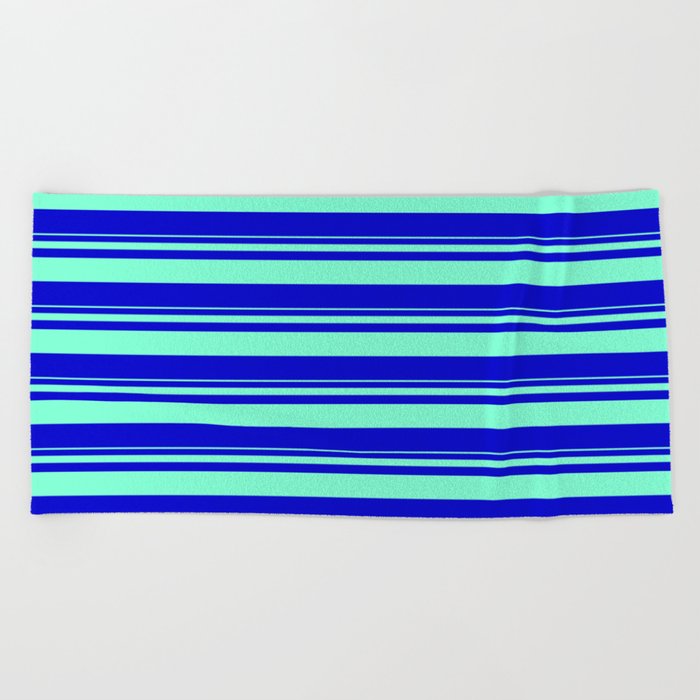 Aquamarine and Blue Colored Striped Pattern Beach Towel