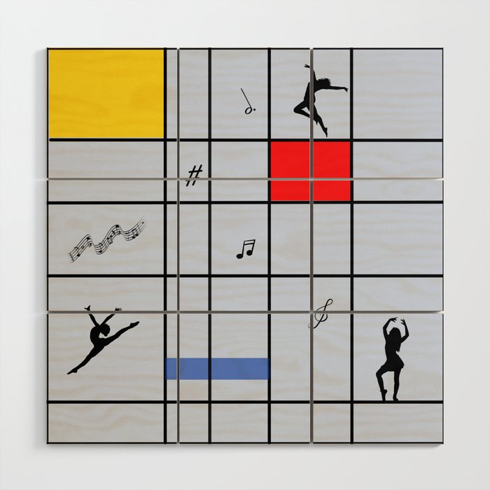 Dancing like Piet Mondrian - Composition with Red, Yellow, and Blue on the light blue background Wood Wall Art