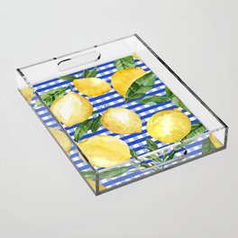 Sunny lemons on blue check pattern Acrylic Tray