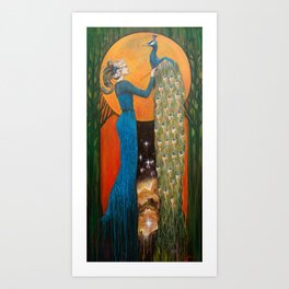 Origin of Inspiration / Peacock Feathers Woman Blue Dress Golden Sun Red Celestial Art Nouveau Bird Art Print