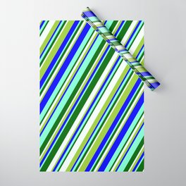 [ Thumbnail: Eyecatching Green, Blue, Aquamarine, Dark Green, and Mint Cream Colored Stripes Pattern Wrapping Paper ]