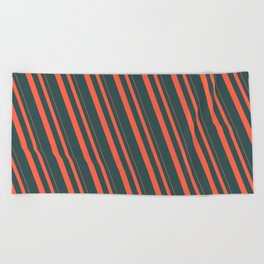 [ Thumbnail: Red & Dark Slate Gray Colored Striped Pattern Beach Towel ]