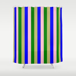 [ Thumbnail: Dark Khaki, Blue, Pink, and Green Colored Pattern of Stripes Shower Curtain ]
