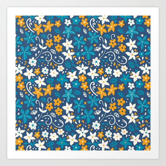 Floral pattern with doodles of flowers and leaves Art Print