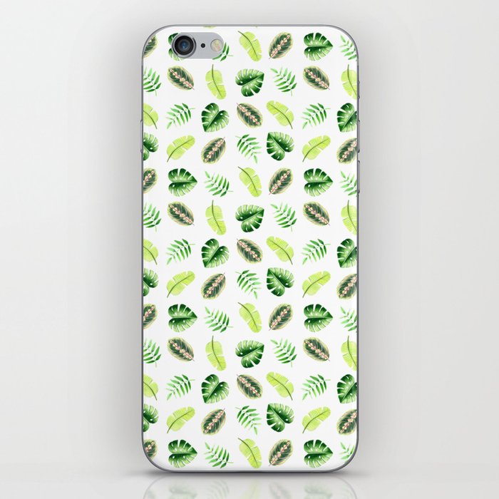 Tropical leaves in green on white iPhone Skin