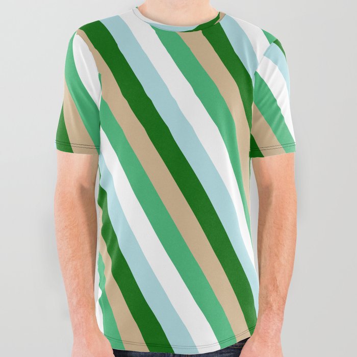 Eye-catching Tan, Sea Green, White, Powder Blue, and Dark Green Colored Pattern of Stripes All Over Graphic Tee