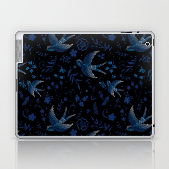 Embroidered Blue Birds Laptop & iPad Skin