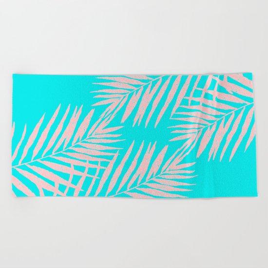 Abstract modern pink Tropical Exotic Palm Leaves on aqua by #Utart Beach Towel