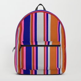 [ Thumbnail: Eyecatching Chocolate, Red, Hot Pink, Dark Blue & Light Gray Colored Lines/Stripes Pattern Backpack ]