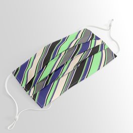 [ Thumbnail: Vibrant Green, Dim Grey, Midnight Blue, Beige & Black Colored Striped Pattern Face Mask ]
