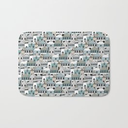 Winter Village of Small Town Bath Mat | Cottage, Chimney, Turquoise, Skitown, Town, Blues, Tealblue, Mountain, Drawing, Winter 