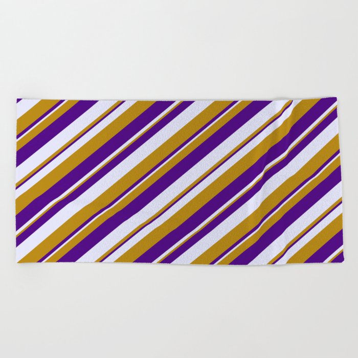 Dark Goldenrod, Indigo, and Lavender Colored Lined Pattern Beach Towel