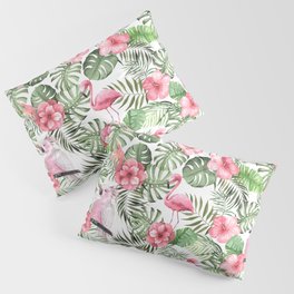Watercolor Tropical Leaves Flowers Flamingo Cockatoo Pillow Sham