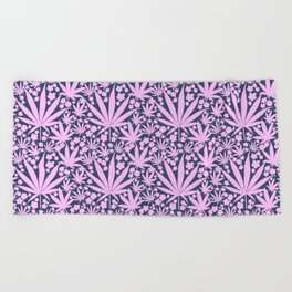 70’s Style Pastel Pink Cannabis And Flowers On Navy  Beach Towel